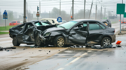 Accident between two cars. Severe damage and torn metal