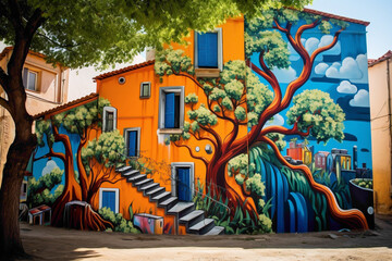 A city wall becomes a canvas for creative expression through a vibrant street art mural.