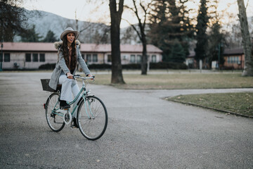 A professional woman on a bicycle enjoys a leisurely ride across a peaceful park, blending business with relaxation.