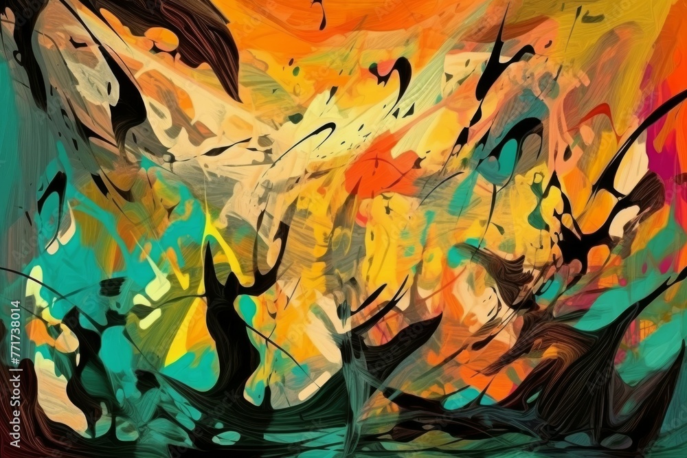 Poster vibrant abstract painting displayed on a wall, showcasing a colorful and dynamic composition that ca