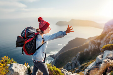 A young girl in a red hat and backpack stands on a mountain with her arms outstretched.