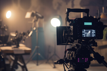 A video camera is set up in a dark studio with lights shining on a table.