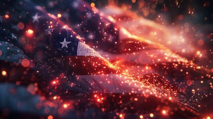 A close-up of a beautifully illuminated American flag at night, with fireworks bursting in the background. The image captures the patriotic spirit of the 4th of July.