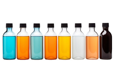 Various bottles filled with vibrant colored liquids lined up in a perfect row