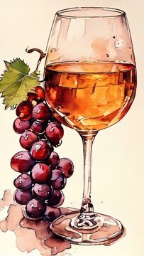 A glass of wine with a branch of grapes, illustration
