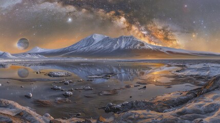  A beautiful painting portrays a majestic mountain range mirrored in a serene lake, beneath a starlit sky