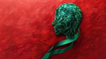 International Parkinson's awareness month concept, green ribbon and human silhouette on red background ,April 11. Poster, banner, card, background. - obrazy, fototapety, plakaty