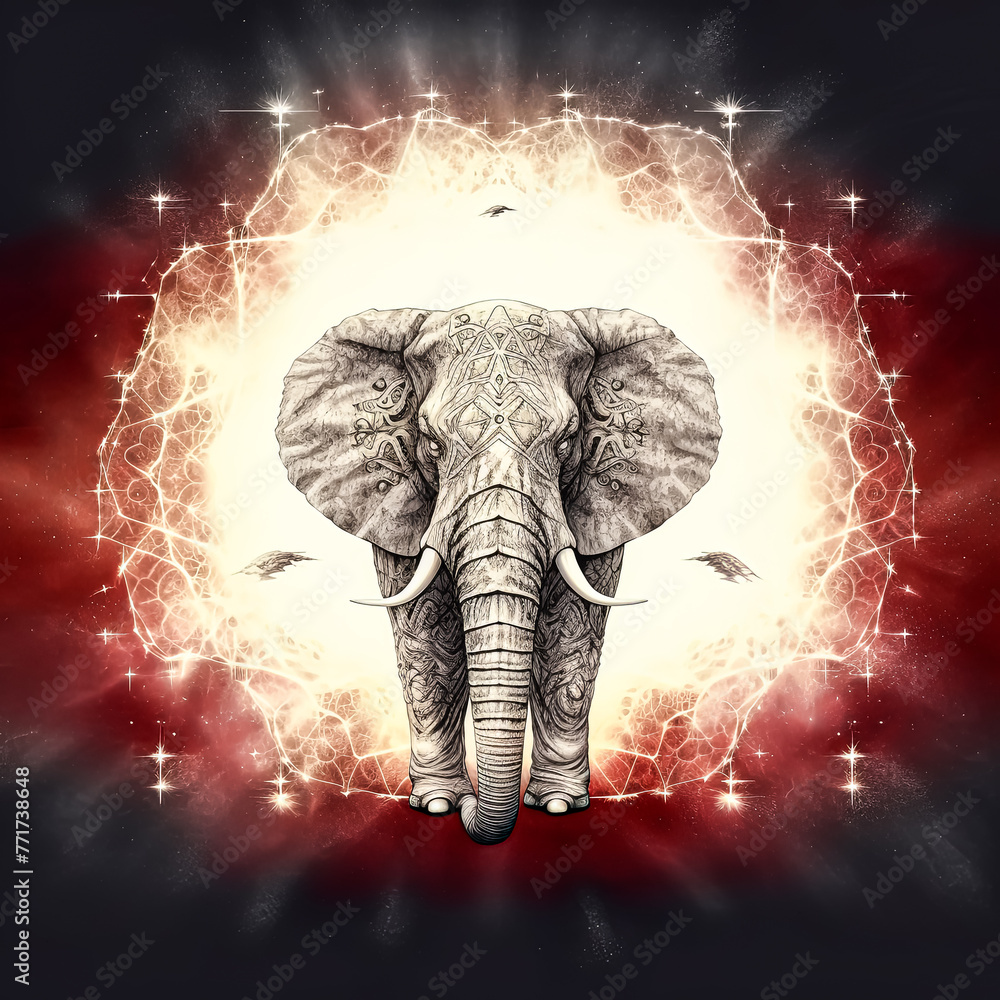 Poster a large elephant with a red background and a star in the center.