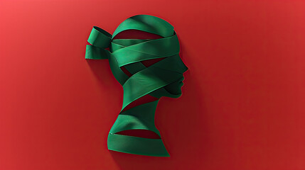 International Parkinson's awareness month concept, green ribbon and human silhouette on red background ,April 11. Poster, banner, card, background.
