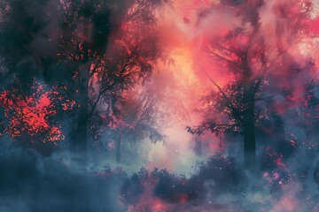 Print for Wallpaper. Fantasy design. Modern Art. Fog in the forest. Colored mystic background. 