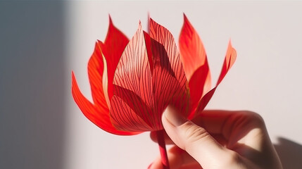 International Parkinson's awareness month concept, red tulip flower in girls hand , April 11. Poster, banner, card, background.