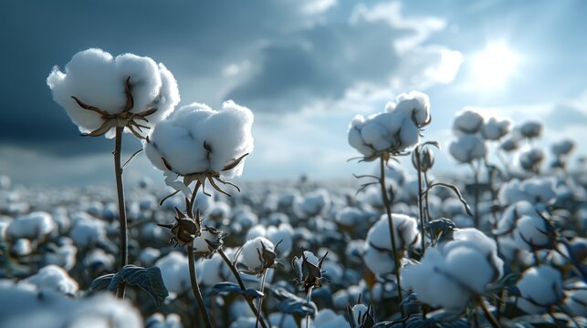  Field full of cotton plants under blue, cloudy sky, sun shining through distant clouds