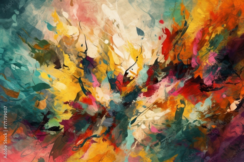 Poster vibrant abstract painting displayed on a wall, showcasing a colorful and dynamic composition that ca