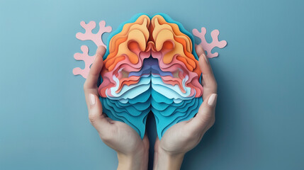 International Parkinson's awareness month concept, 3d pastel color brain illustration in human hands, Alzheimer awareness day, dementia diagnosis,April 11. Poster, banner, card, background.