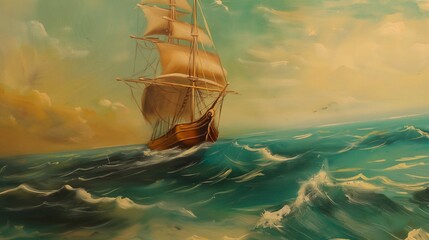 Sea landscape with a ship. Oil painting. A vintage ship in the sea. Painting by oil. Impressionism or realism landscape painting. - obrazy, fototapety, plakaty