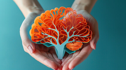 International Parkinson's awareness month concept, 3d pastel color brain illustration in human hands, Alzheimer awareness day, dementia diagnosis,April 11. Poster, banner, card, background. - obrazy, fototapety, plakaty