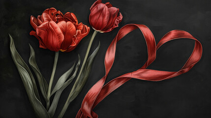International Parkinson's awareness month concept, red tulip flowers with red ribbon symbol isolated on black background, April 11. Poster, banner, card, background.