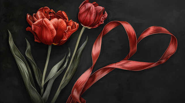 International Parkinson's awareness month concept, red tulip flowers with red ribbon symbol isolated on black background, April 11. Poster, banner, card, background.
