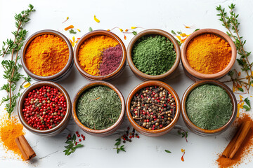 A variety of colorful spices and herbs in wooden bowls isolated on a white background - obrazy, fototapety, plakaty