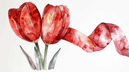 International Parkinson's awareness month concept, red tulip flowers with red ribbon symbol isolated on white background, April 11. Poster, banner, card, background.