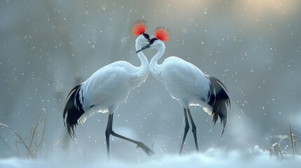 Fototapeta premium A pair of birds perched on a snowy ground, surrounded by falling snowflakes and a blue sky above