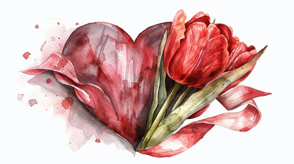 International Parkinson's awareness month concept, red tulip flowers with red ribbon symbol isolated on white background, April 11. Poster, banner, card, background.