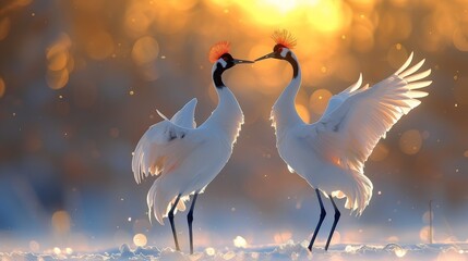 Fototapeta premium A pair of white birds perched on a snow-covered ground beneath a sunlit sky
