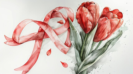 International Parkinson's awareness month concept, red tulip flowers with red ribbon symbol isolated on white background, April 11. Poster, banner, card, background.