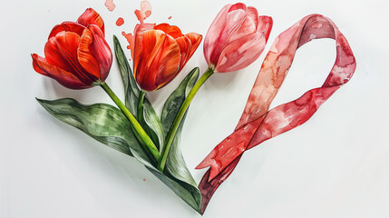International Parkinson's awareness month concept, red tulip flowers with red ribbon symbol isolated on white background, April 11. Poster, banner, card, background.