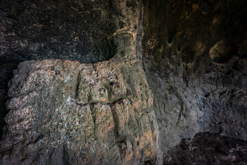 Sa Cova des Voltor, (the vulture cave), crosses carved in sandstone, historic sandstone quarry,...