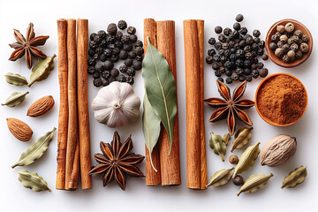 A collection of spices and herbs isolated on a white background