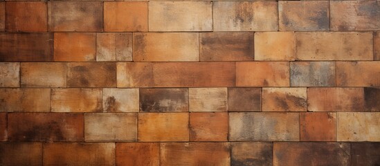 A close up of a symmetrical pattern of brown wooden rectangle tiles, resembling brickwork. The wood flooring building material showcases various tints and shades