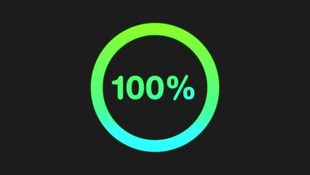 Circle percentage diagrams. Green neon glowing counter. Futuristic loading circle ring. Loading transfer download animation 0-100%. Alpha channel, 4K.