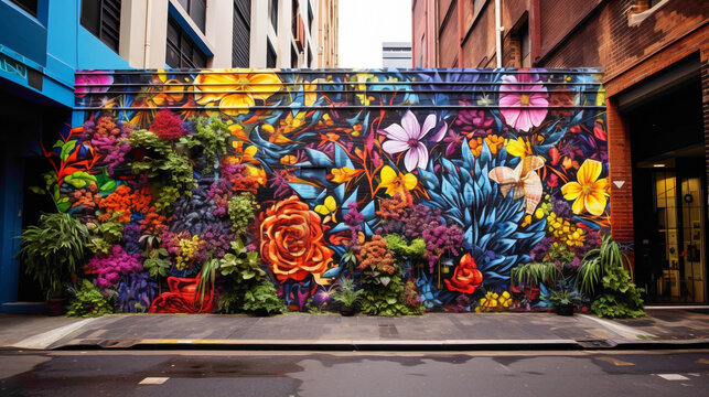 Explore the cultural mosaic of the city through the vibrant lens of a street art mural bursting with creativity.