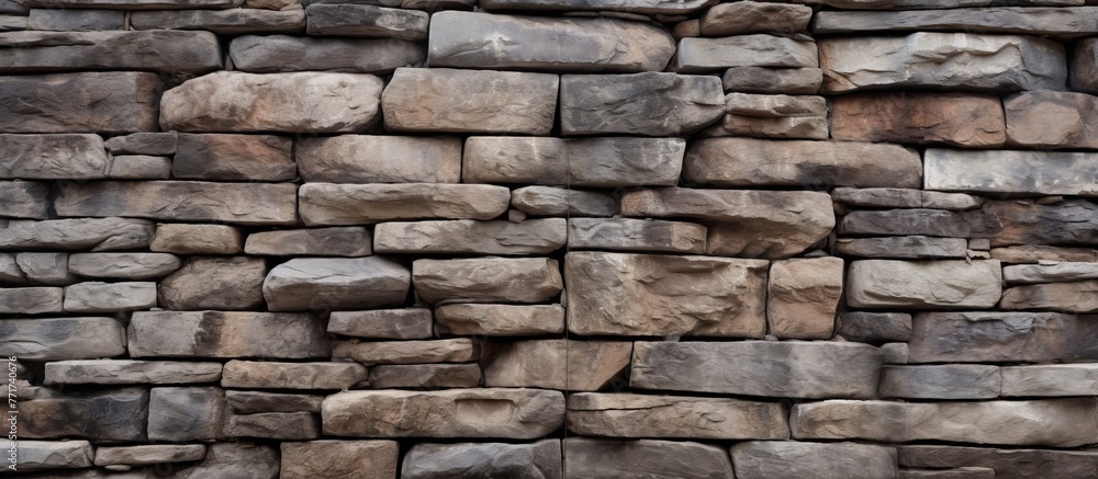 Poster a detailed shot of a brown stone wall made up of rectangular bricks and mortar. the brickwork forms 