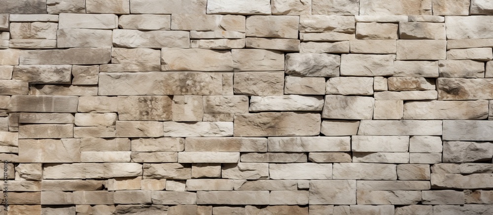 Poster a detailed closeup of a brown and beige brick wall with rectangular bricks. the building material is
