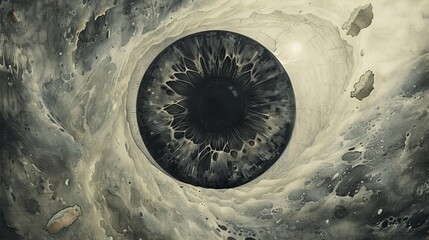 A surreal black and white illustration depicting a cosmic eye amidst a star-filled sky, with rocky terrain and floating debris.