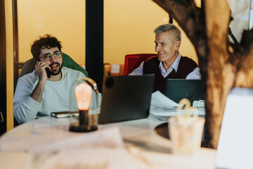 Diverse professionals brainstorming for business growth and profitability in an evening meeting.