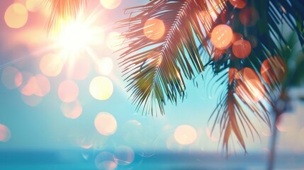  Abstract Blurred Seascape with Sun Rays, Light Blue Sky, and Palm Tree - Perfect Vacation Banner with Copy Space, Sparkling Bokeh, and Sun Beams