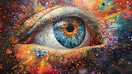 This striking painting captures a human eye gazing through a colorful cosmic landscape, blending reality with fantasy.