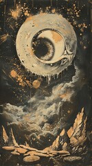 A surreal black and white illustration depicting a cosmic eye amidst a star-filled sky, with rocky terrain and floating debris.