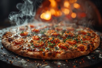 A delicious homemade pizza with fresh tomatoes and basil sits invitingly with steam rising in a rustic kitchen - obrazy, fototapety, plakaty