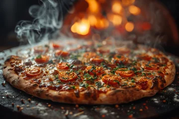Foto op Canvas A delicious homemade pizza with fresh tomatoes and basil sits invitingly with steam rising in a rustic kitchen © Larisa AI