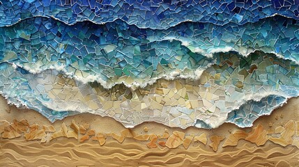 Artistic wall mosaic depicting waves with varying shades of blue, capturing the ocean's dynamic essence. - obrazy, fototapety, plakaty
