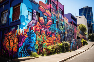 Enrich your surroundings with the vibrant energy of a street art mural adorning a city wall.