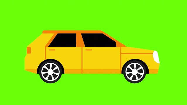 Yellow cartoon car moving isolated on green screen background. Vector flat style. Alpha channel. 4K animated video.