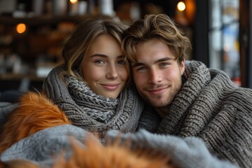 An affectionate couple shares a warm, oversized scarf, showcasing intimacy and comfort - obrazy, fototapety, plakaty