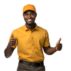 Handsome young afro american delivery man portrait isolated on transparent background	