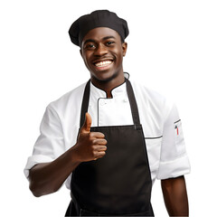 Cheerful mature afro american cook man posing holding a tray with cake and smiling at camera, chef in an apron png format on transparent background Fictional Person