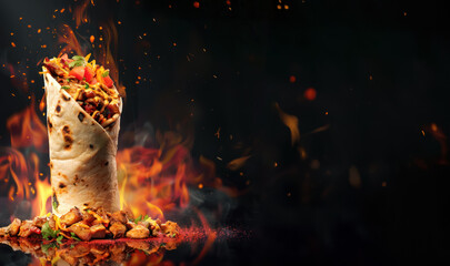 spicy chicken shawarma with fiery flames and copy space